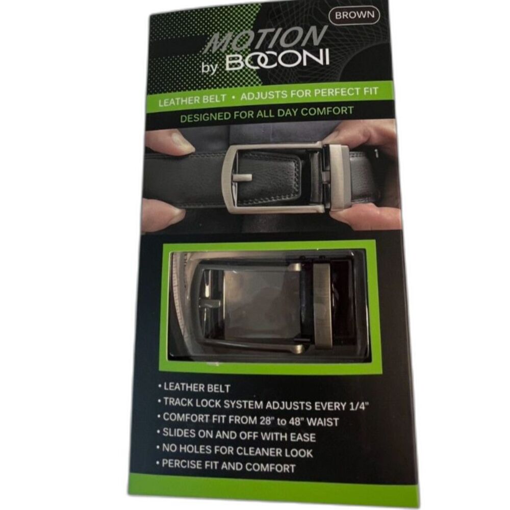 NEW Motion By BOCONI Mens Brown Leather Track Lock Adjustable Belt Sz 28" to 48"